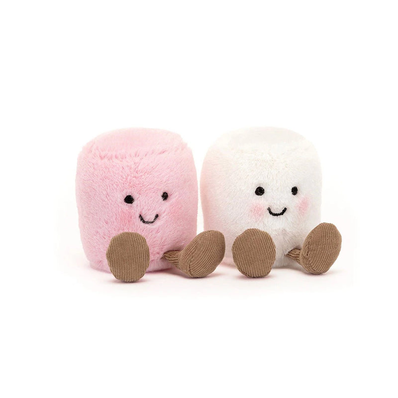 Two adorable Jellycat Amuseables marshmallow plush toys in pink and white with smiling faces
