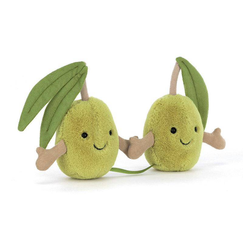 Two green plush olive toys with leaves and stems holding hands