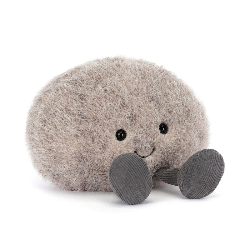 Jellycat Amuseables Pebble plush toy with fuzzy gray body and corduroy feet