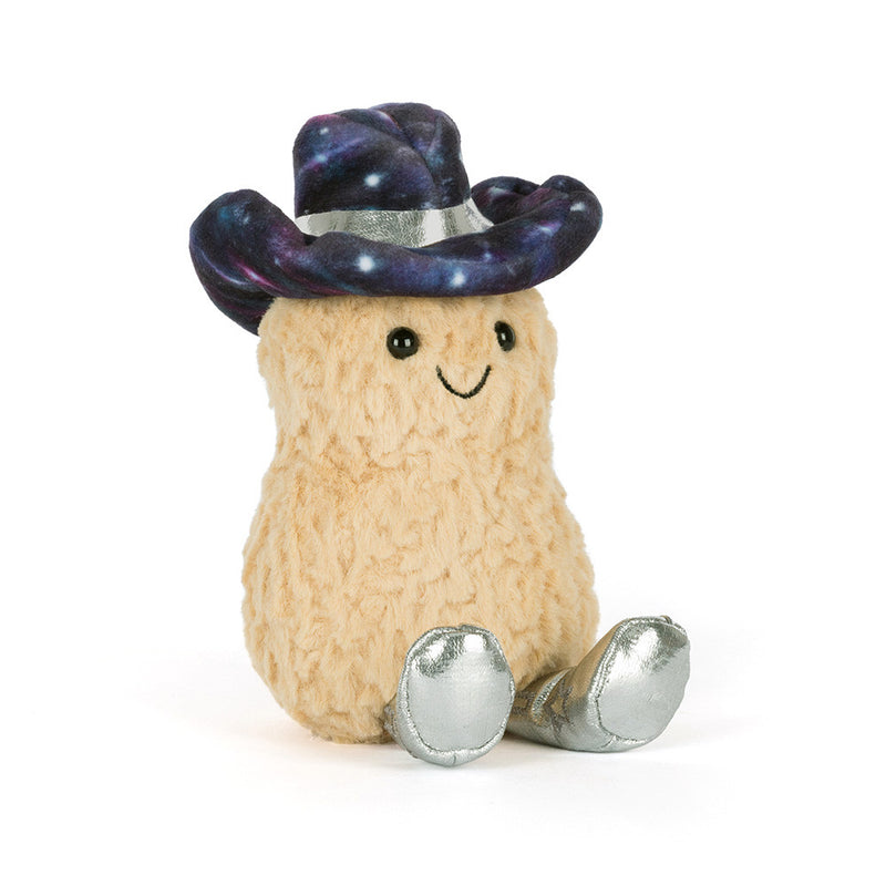 Jellycat Amuseables peanut plush toy wearing galaxy print cowboy hat with silver boots