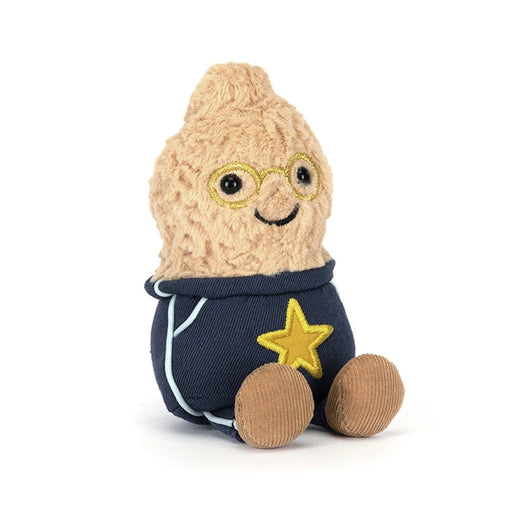 Jellycat Amuseables peanut plush toy wearing navy shorts with yellow star and glasses