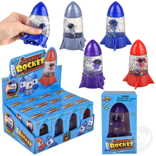 Squeeze Rocket with Astronaut toys in various colors with retail packaging display