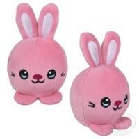 Two pink plush bunny toys with cute faces and upright ears on white background