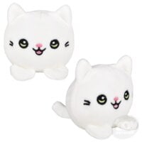 Two white bunny plush toys with cute faces showing front and side view