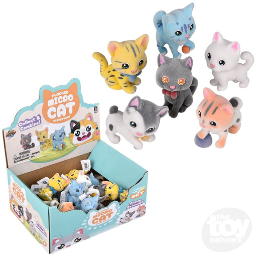 Flocked Micro Cat collectible toy figures with display box showing various cat designs