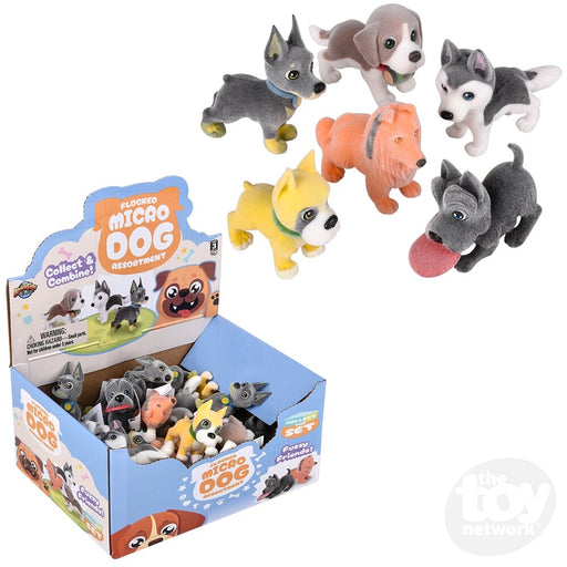 Flocked Micro Dog assortment showing various small plush dogs with display box