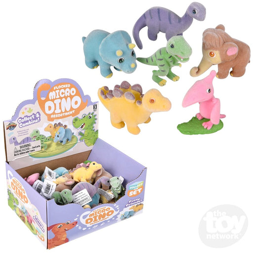 Flocked Micro Dinosaur toy collection showing various colorful plush dinosaurs with display box