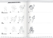 Drawing tutorial page showing step-by-step instructions for magical creatures like mushroom creature, unicorn, and raccoon
