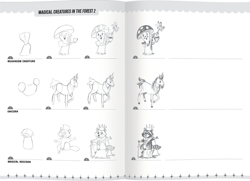 Drawing tutorial page showing step-by-step instructions for magical creatures like mushroom creature, unicorn, and raccoon