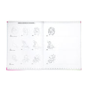 Open book showing drawing tutorials for magical creatures including hedgehog and robin with step-by-step illustrations