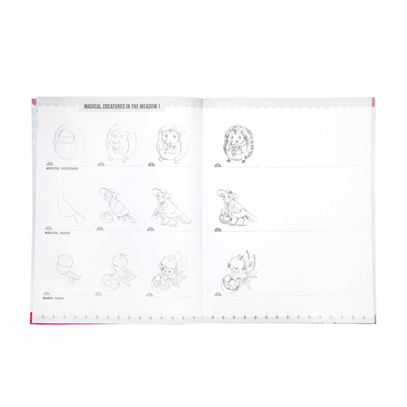Open book showing drawing tutorials for magical creatures including hedgehog and robin with step-by-step illustrations