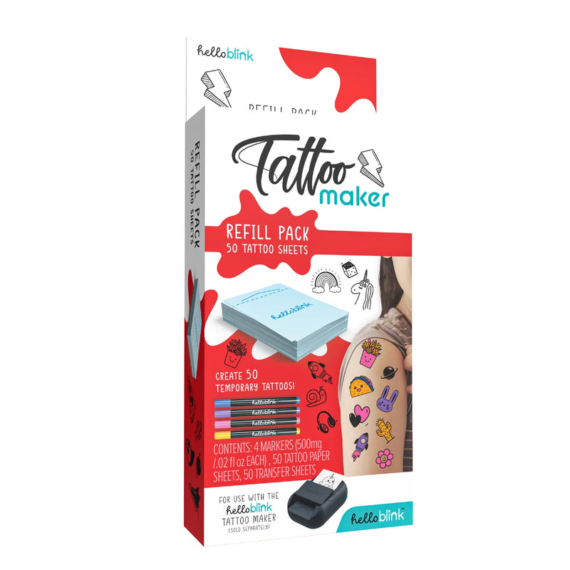 Hello Blink Tattoo Maker Refill Pack with 50 tattoo sheets and markers