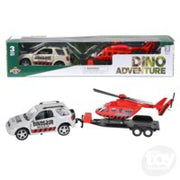 White SUV with red helicopter on trailer diecast car transporter toy set in packaging