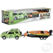 Green SUV with trailer carrying toy cars in packaging