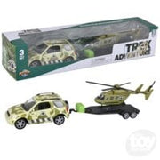 Military themed diecast car transporter set with helicopter and vehicle in camouflage green
