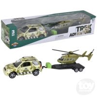 Military themed diecast car transporter set with helicopter and vehicle in camouflage green