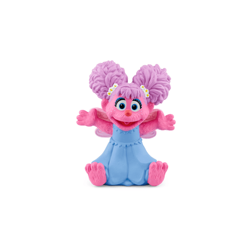 Abby Cadabby Tonie figure with pink fur, purple pigtails, blue dress on white background