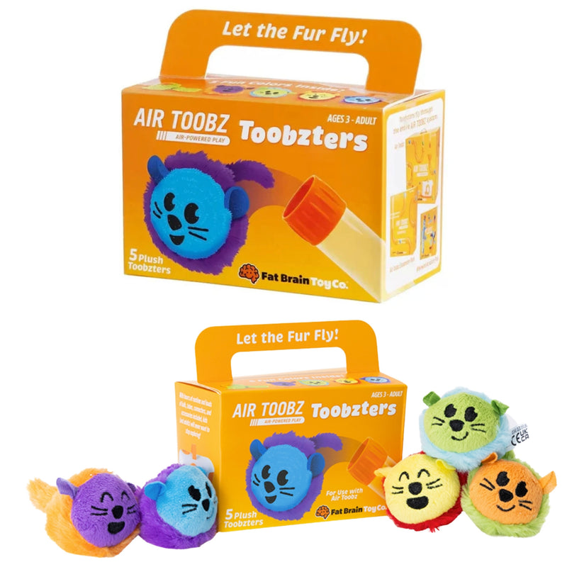 Air Toobz Toobzters pet toy set by Fat Brain Dog Co. shown with its orange and yellow retail packaging, featuring five small plush animal toys in different colors.