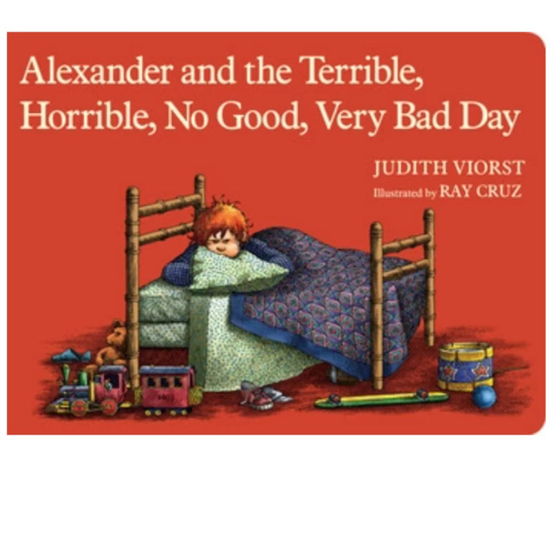 Book cover of 'Alexander and the Terrible, Horrible, No Good, Very Bad Day' with a child in bed and toys on a red background.