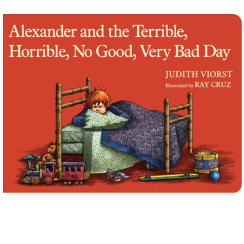 Book cover of 'Alexander and the Terrible, Horrible, No Good, Very Bad Day' with a child in bed and toys on a red background.