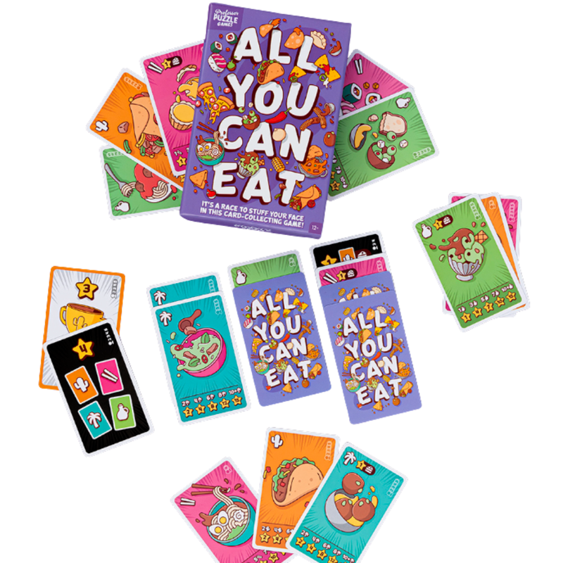 Colorful card game 'All You Can Eat' with various cards on a white background.