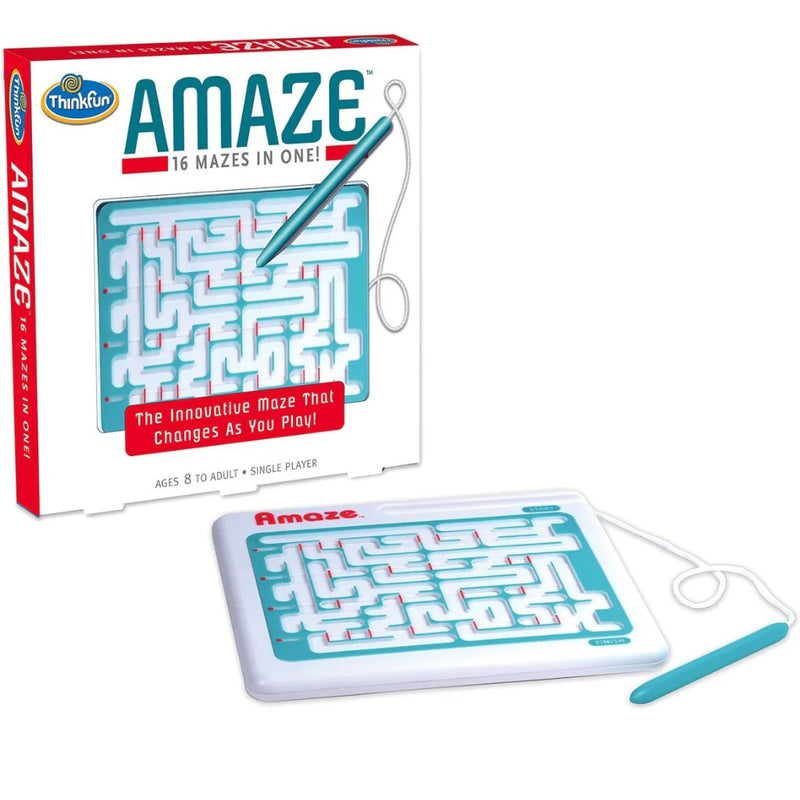 ThinkFun Amaze puzzle game box showing maze with ball and stylus.