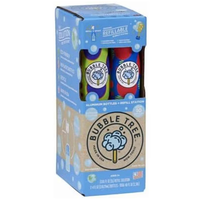 Bubble Tree refillable aluminum bottles and refill station in a blue cardboard retail box, showing two bottles inside through clear windows.