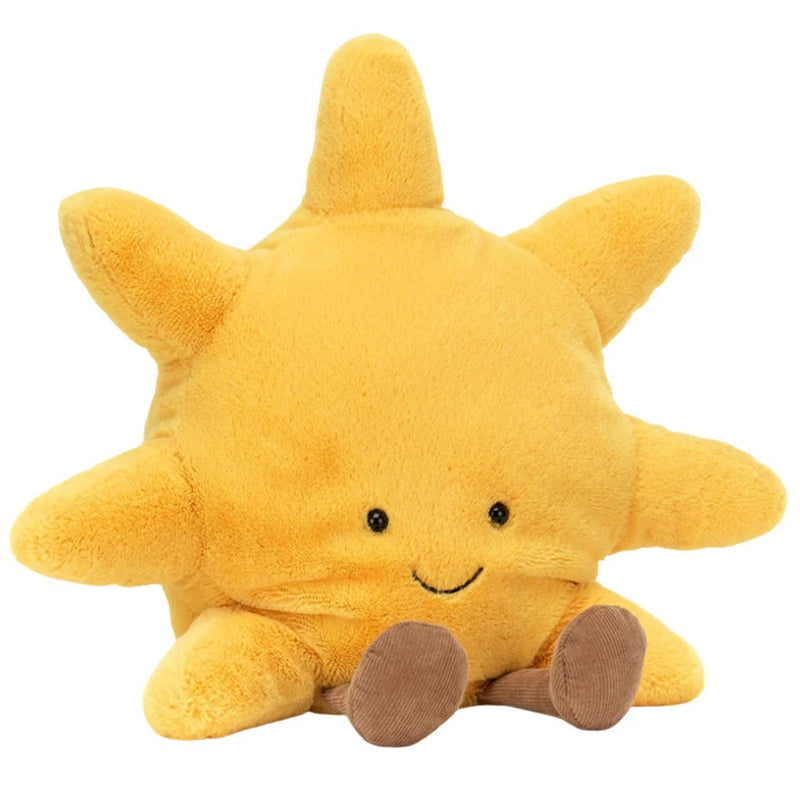 Jellycat Amuseables Sun plush toy with yellow sun rays and brown teddy bear body