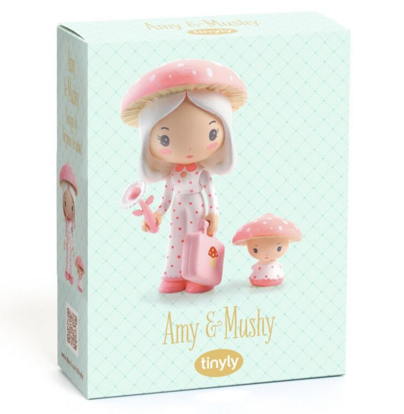 Djeco Tinyly Amy & Mushy mushroom fairy figurine set in mint green packaging box