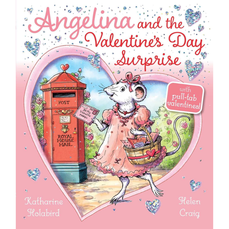 Book cover of 'Angelina and the Valentine's Day Surprise' with a mouse character and heart-shaped design.