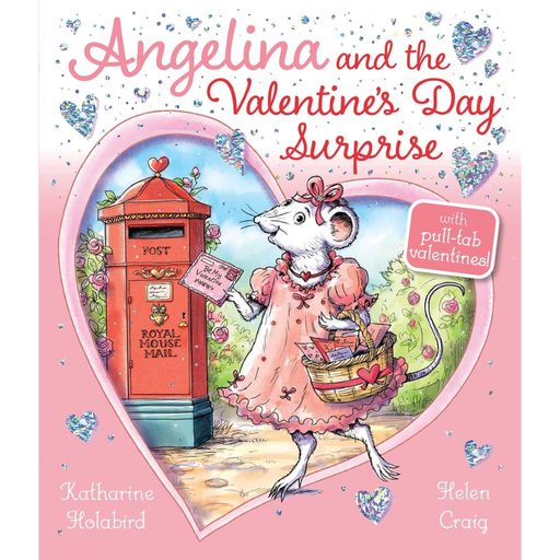 Book cover of 'Angelina and the Valentine's Day Surprise' with a mouse character and heart-shaped design.