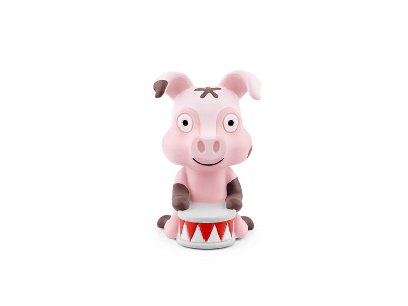 Pink pig-shaped Tonie audio figure with brown hooves and red triangular details on drum