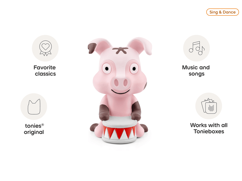 Pink hippo Tonie character with drum and feature icons on white background