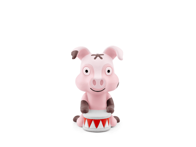 Pink pig-shaped Tonie audio figure with white drum and red triangle details