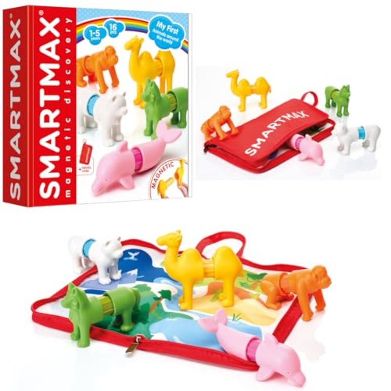 SmartMax magnetic discovery set with colorful animal figures and packaging on a white background.