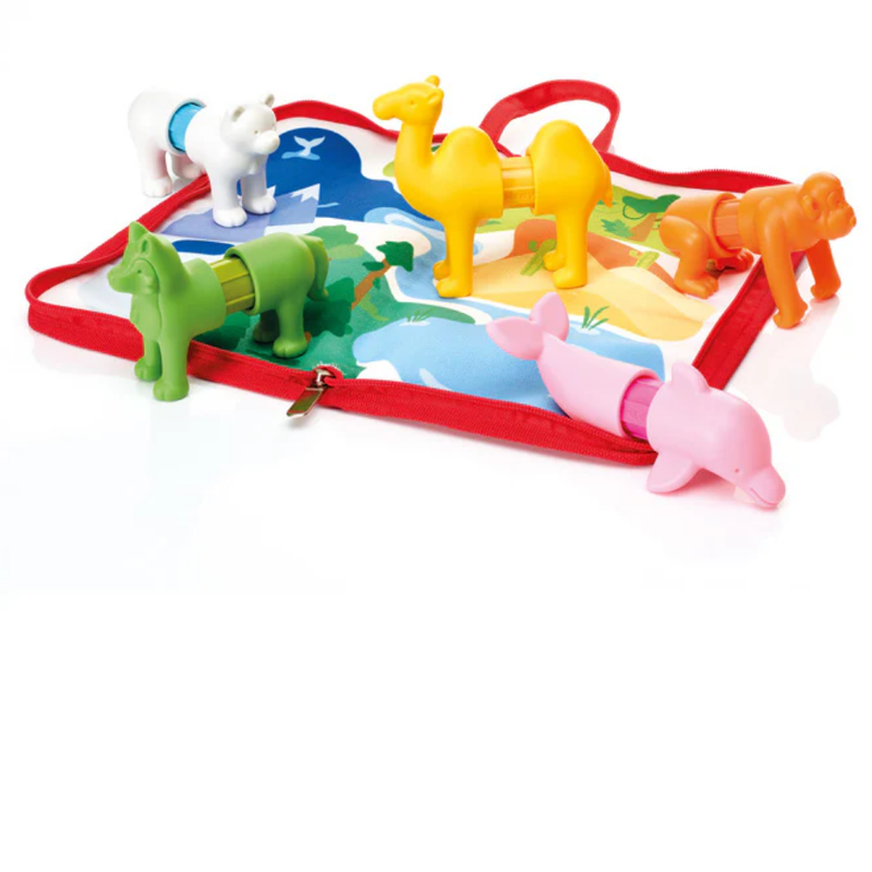 Colorful magnetic toy set with animals sitting on a bag.  Picture on a white background.