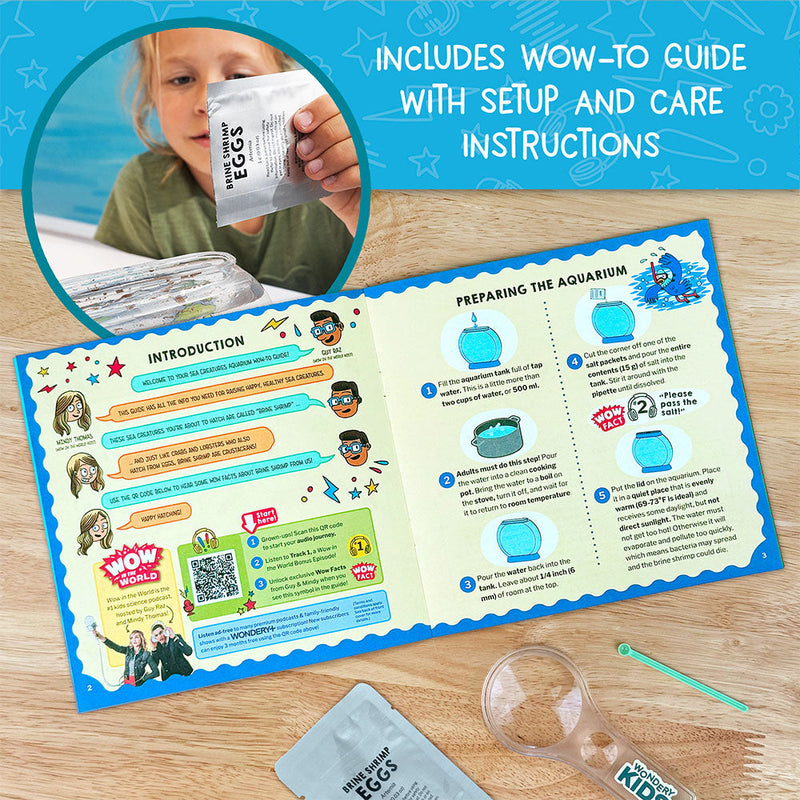 Child using Wow in the World Sea Creatures Aquarium kit with instruction guide and materials