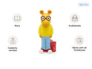 Yellow Arthur character Tonie figure with glasses and backpack on white background with feature icons