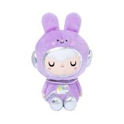 Purple astronaut bunny plush toy with silver helmet and suit details