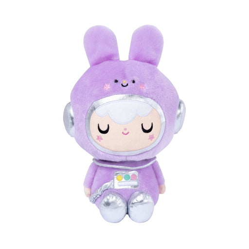 Purple astronaut bunny plush toy with silver helmet and suit details