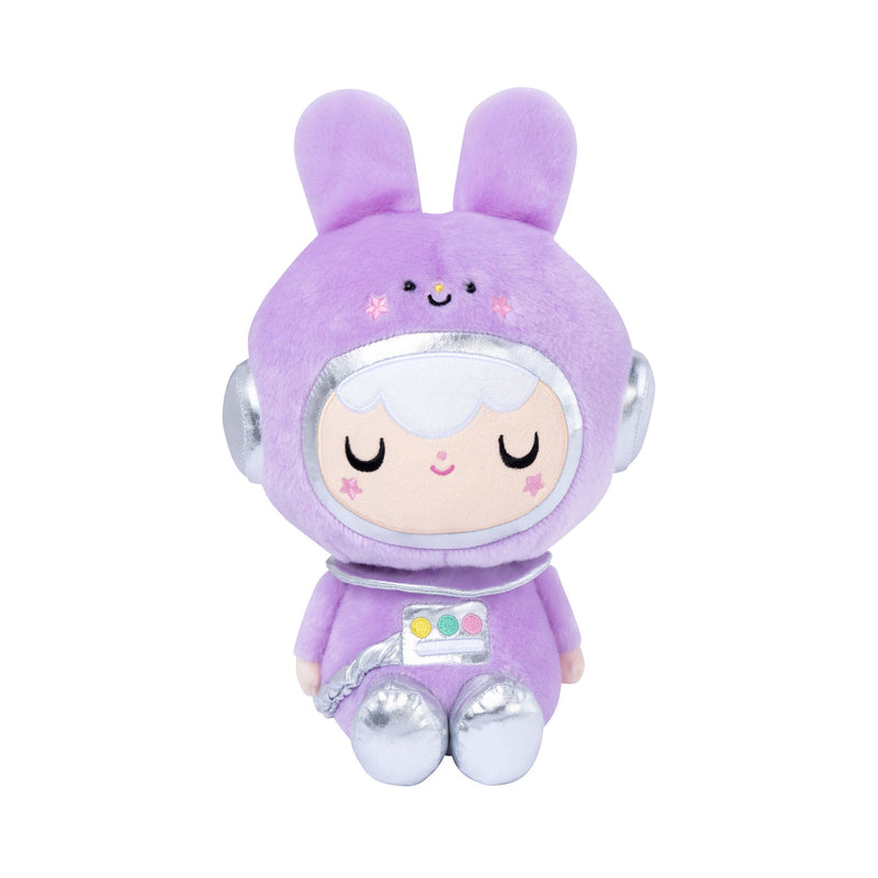 Purple astronaut bunny plush toy with space helmet and silver boots