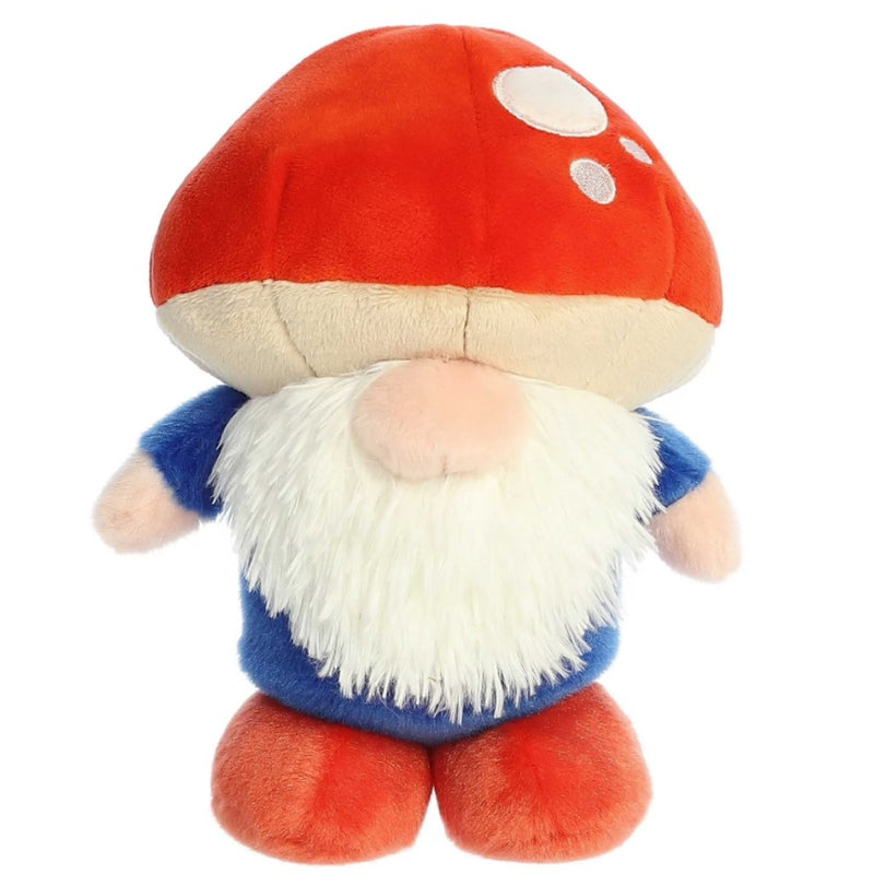 Plush toy gnome with a red mushroom cap, blue body and red shoes on a white background