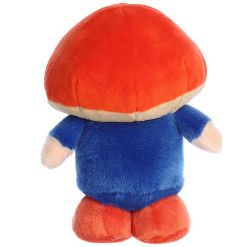 Back side of plush toy gnome with a red mushroom cap, blue body and red shoes on a white background