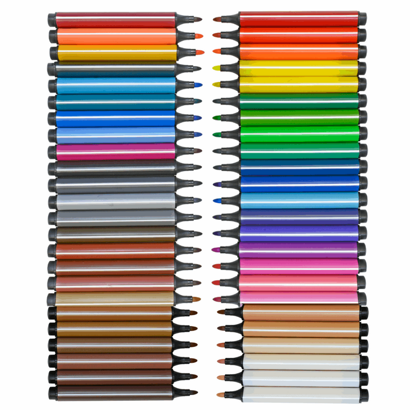 Collection of 48 colorful Magic Tri Stix markers arranged in two columns on white background