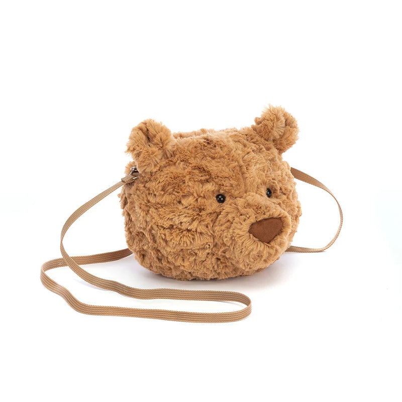 Brown teddy bear shoulder bag with fluffy fur texture and adjustable straps