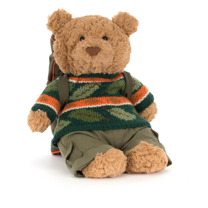 Jellycat Bartholomew Bear plush toy wearing striped sweater, khaki pants, and backpack