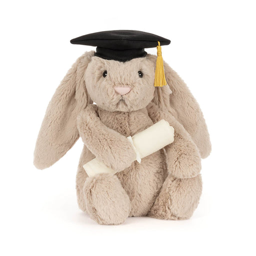 Beige plush bunny wearing black graduation cap and holding diploma scroll