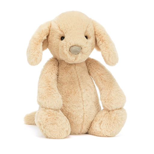 Cream colored plush puppy stuffed animal with long floppy ears on white background