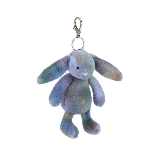 Jellycat Zodihop Luxe Bunny bag charm with iridescent blue-purple fur and silver keyring