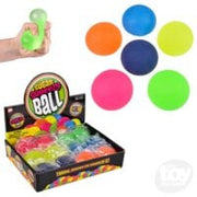Colorful squishy stress balls display with hand demonstration and retail packaging box